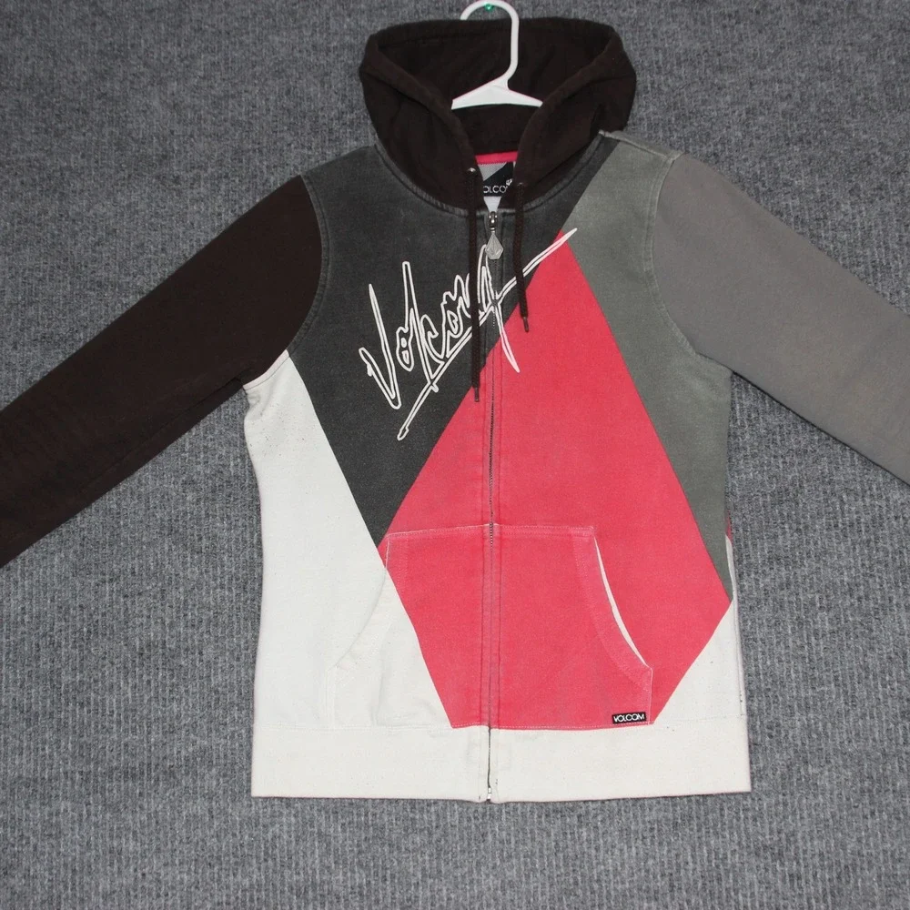 Volcom Color Block Zip Up Hoodie Sweatshirt Kids Medium‎ M Brown Gray Red White